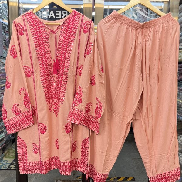 Pink embroidered farshi cord set